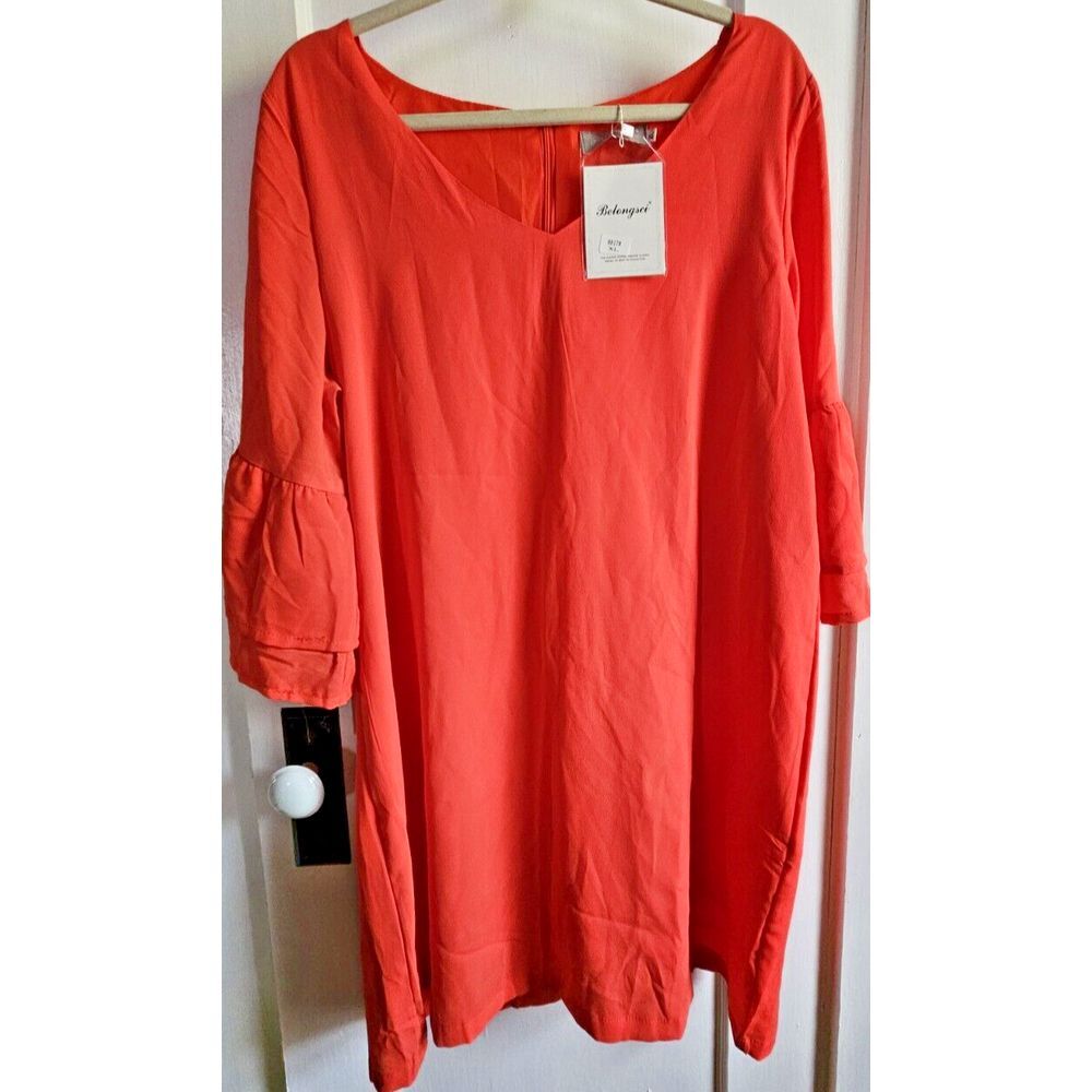 NWT  Belongsci V-Neck Orange‎ Bell Sleeve Shift Dress Mini Dress Sz XL